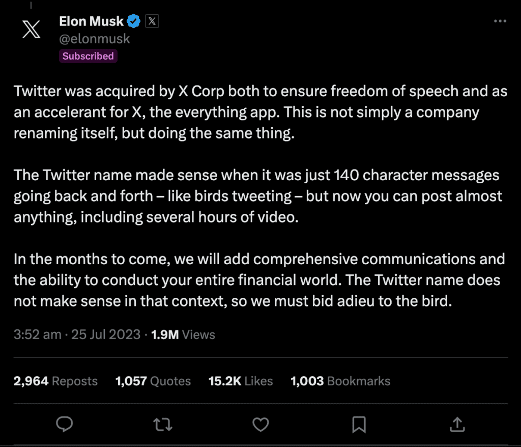 Elon Musk explaining rebrand in twitter X post

